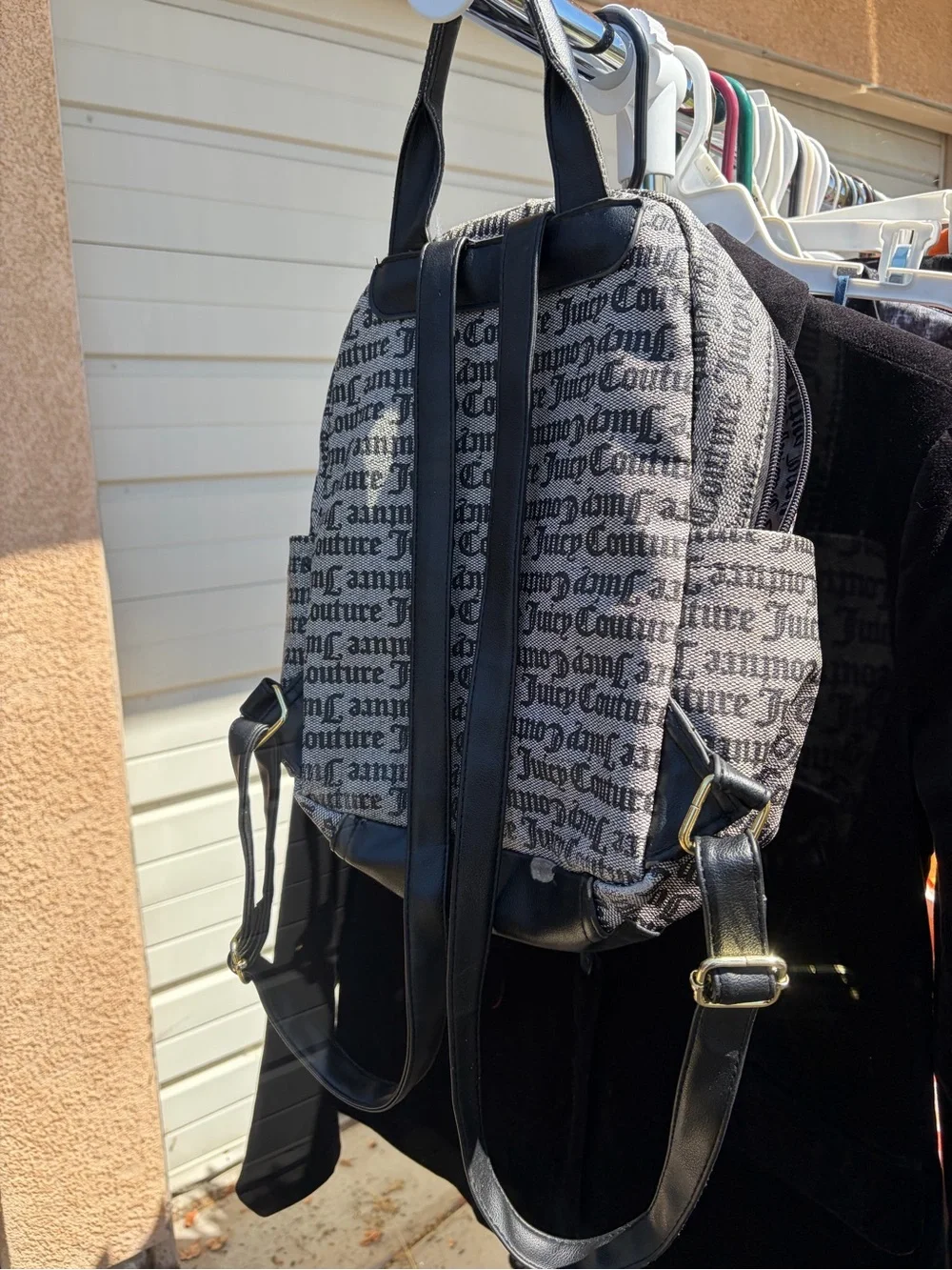 Juicy Couture Black & Gray Logo Print Mini Backpack with Gold Chain